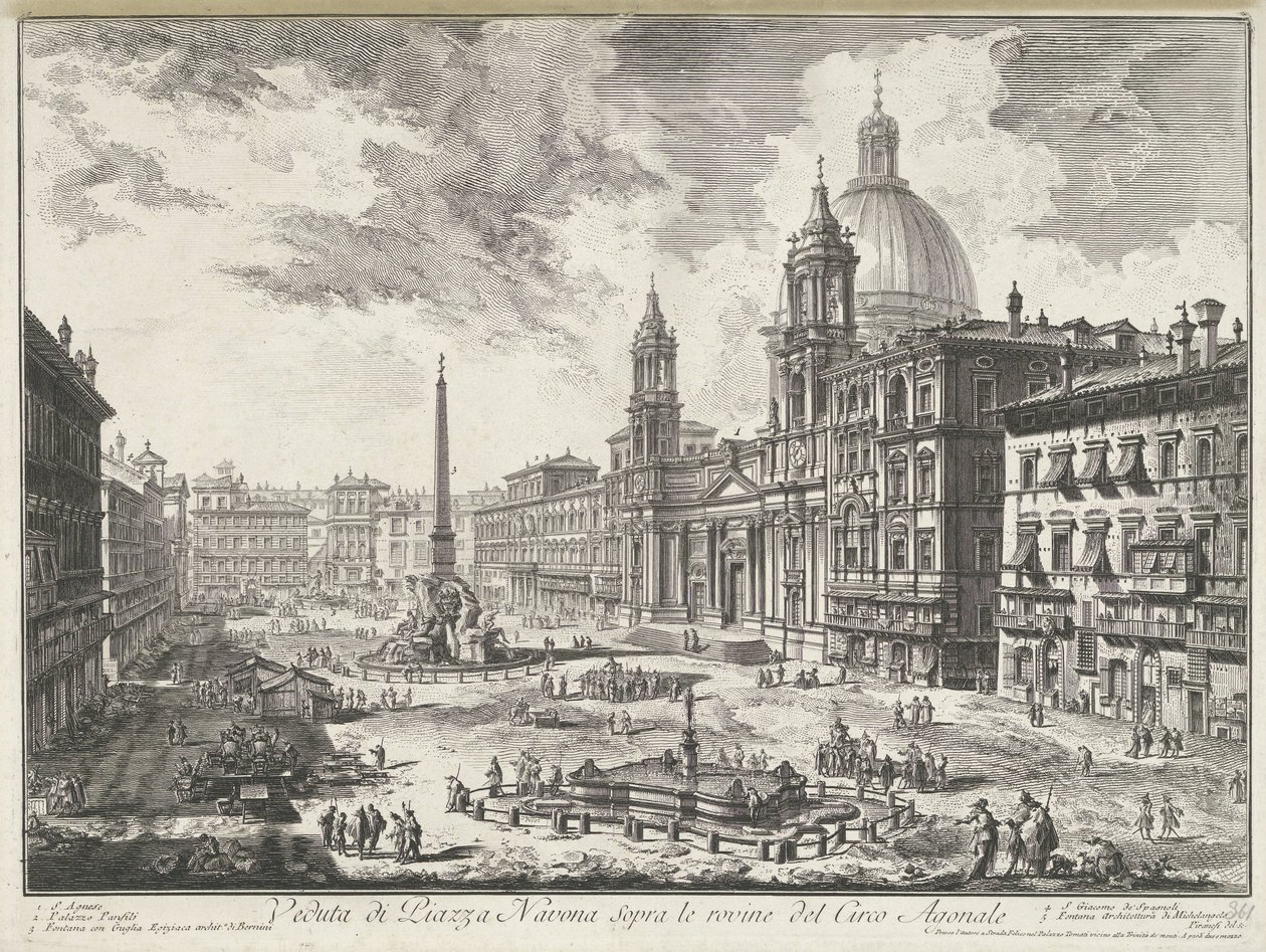 Piazza Navona te Roomassa Näkymä Piazza Navonalle Agonal Circuksen raunioiden yli (otsikko esineessä) Gezichten op Rome (sarjan nimi) Näkymät Roomaan suunnitellut ja kaivertanut Giambattista Piranesi arkkitehti Ve (nez) iano (sarjan nimi) tekijältä Giovanni Battista Piranesi