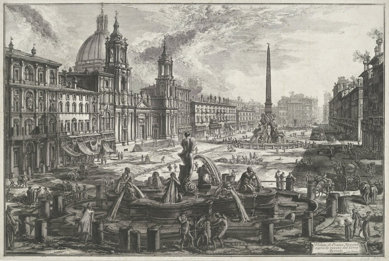 Piazza Navona te Roomassa Näkymä Piazza Navonalle Agonal Circuksen raunioiden yli (otsikko esineessä) Gezichten op Rome (sarjan nimi) Näkymät Roomaan suunnitellut ja kaivertanut Giambattista Piranesi arkkitehti Ve (nez) iano (sarjan nimi) tekijältä Giovanni Battista Piranesi
