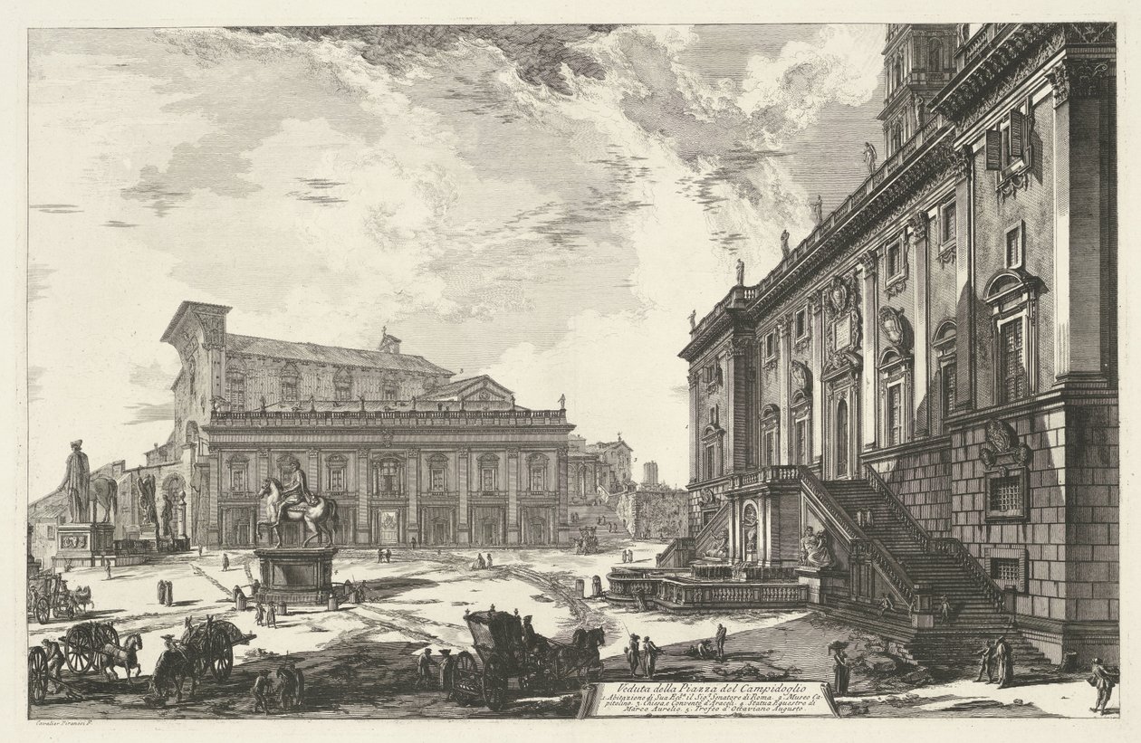 Piazza del Campidoglio te Rooma Näkymä Piazza del Campidogliolle (otsikko esineessä) Gezichten op Rome (sarjan nimi) Näkymät Roomaan suunnitellut ja kaivertanut Giambattista Piranesi arkkitehti Ve (nez) iano (sarjan nimi) tekijältä Giovanni Battista Piranesi