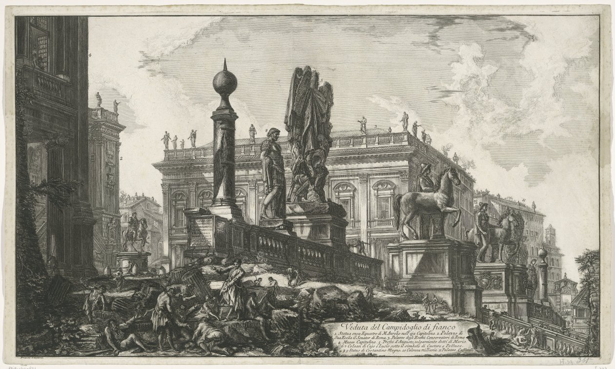 Capitol Square van linkit gezien Näkymä Capitolista sivulta (otsikko esineessä) Gezichten op Rome (sarjan nimi) Näkymät Roomaan suunnitellut ja kaivertanut Giambattista Piranesi arkkitehti Ve (nez) iano (sarjan nimi) tekijältä Giovanni Battista Piranesi