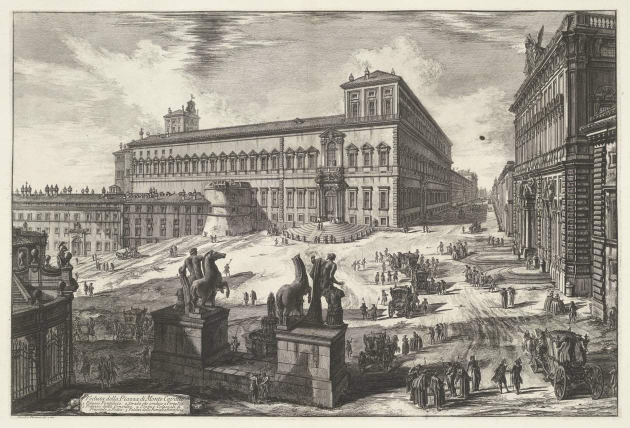 Piazza del Quirinale Roomassa Näkymä Piazza di Monte Cavallolle (otsikko esineessä) Gezichten op Rome (sarjan nimi) Rooman näkymät piirtänyt ja kaivertanut Giambattista Piranesi arkkitehti Ve(nez)iano (sarjan nimi) tekijältä Giovanni Battista Piranesi