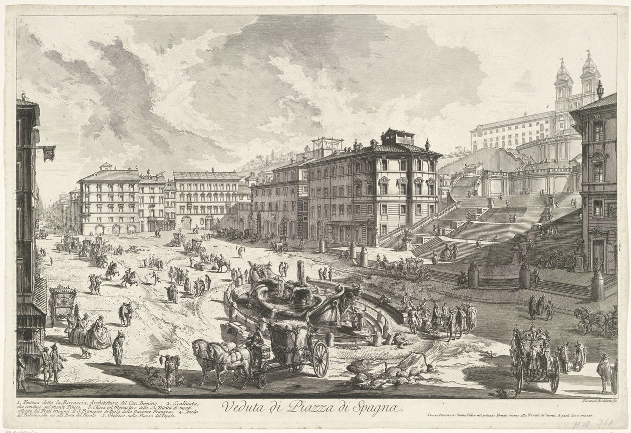 Espanjalaiset portaat Roomassa Näkymä Piazza di Spagnalle (otsikko esineessä) Gezichten op Rome (sarjan nimi) Näkymät Roomaan suunnitellut ja kaivertanut Giambattista Piranesi arkkitehti Ve (nez) iano (sarjan nimi) tekijältä Giovanni Battista Piranesi