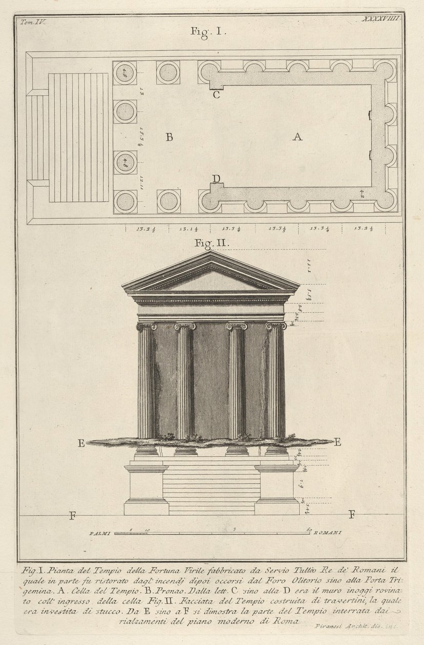 Fortuna Virilis Tempio della Fortuna Virile -temppelin suunnitelma ja julkisivu, vuodelta 1756. tekijältä Giovanni Battista Piranesi