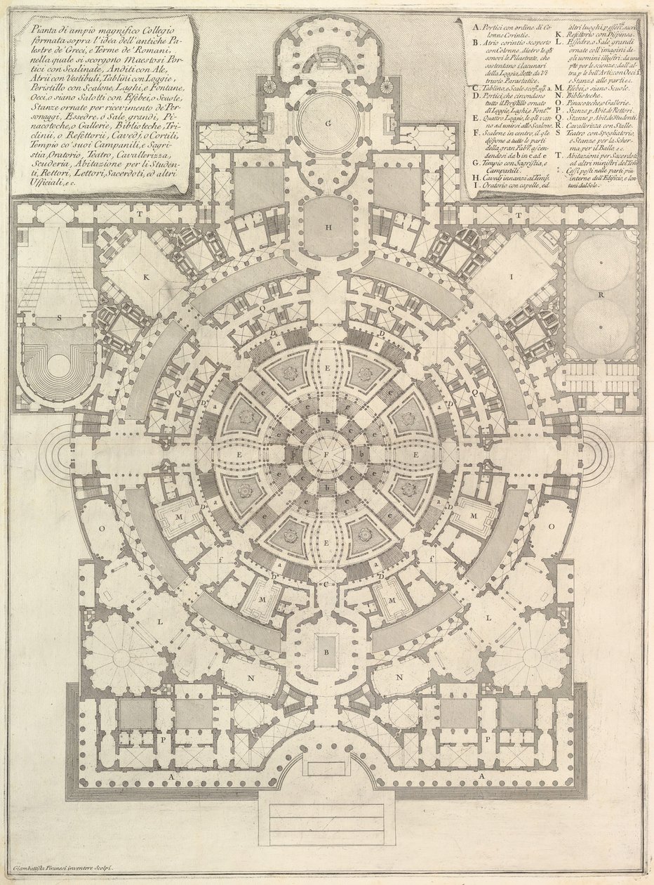 Suunnitelma tilavasta ja upeasta korkeakoulusta, joka on suunniteltu Kreikan muinaisen gymnasian mukaan, 1750. tekijältä Giovanni Battista Piranesi