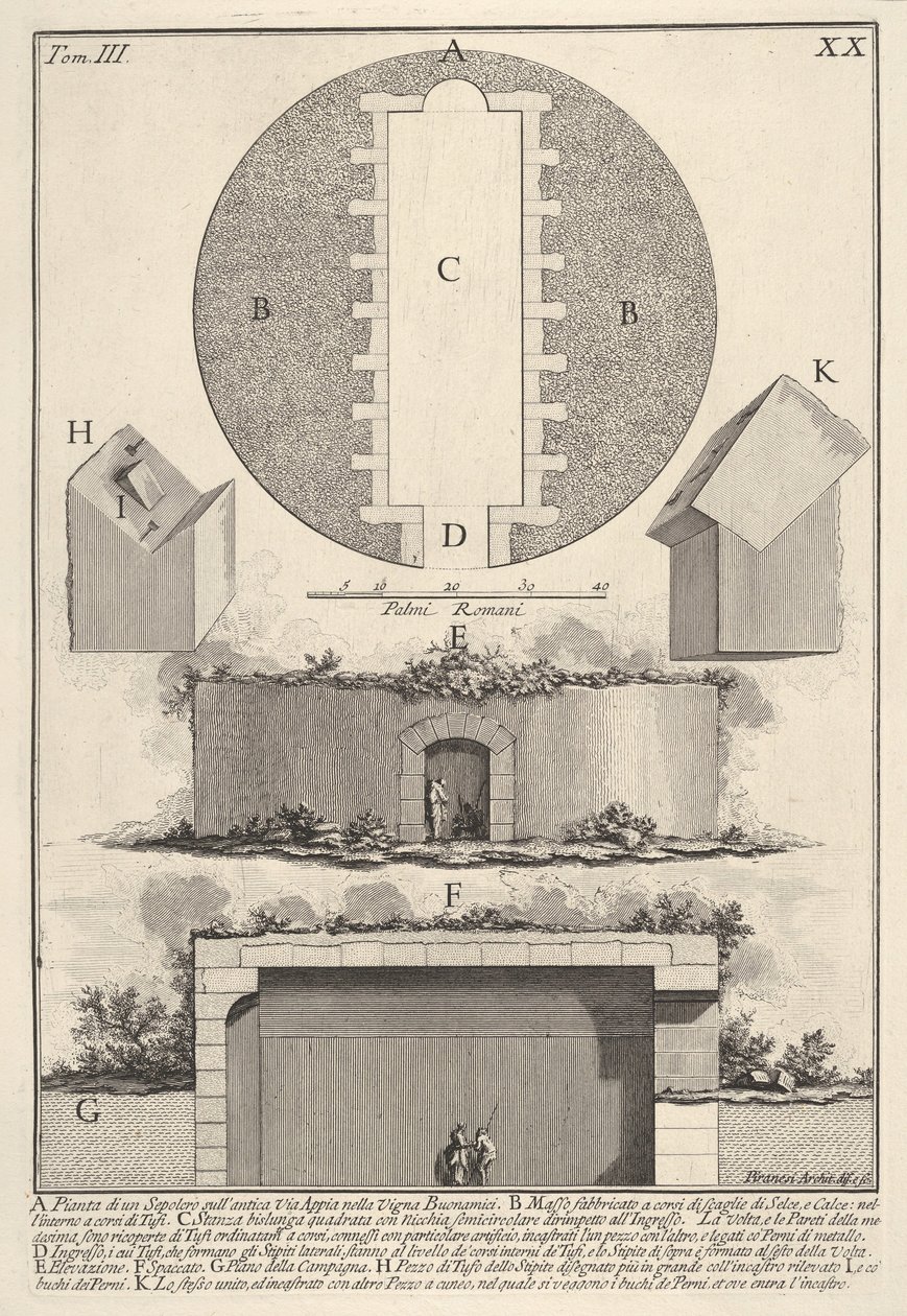 Hautasuunnitelma Appian-tien varrella Vigna Buonamicissa Haudan suunnitelma muinaiselle Via ..., 1756. tekijältä Giovanni Battista Piranesi