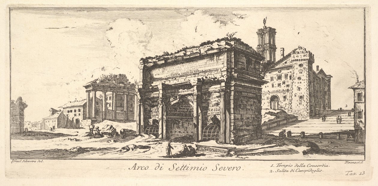 Levy 13: Septimius Severuksen kaari 1. Sopimuksen temppeli. 2. Nousu Capitolille ..., n. 1748. tekijältä Giovanni Battista Piranesi