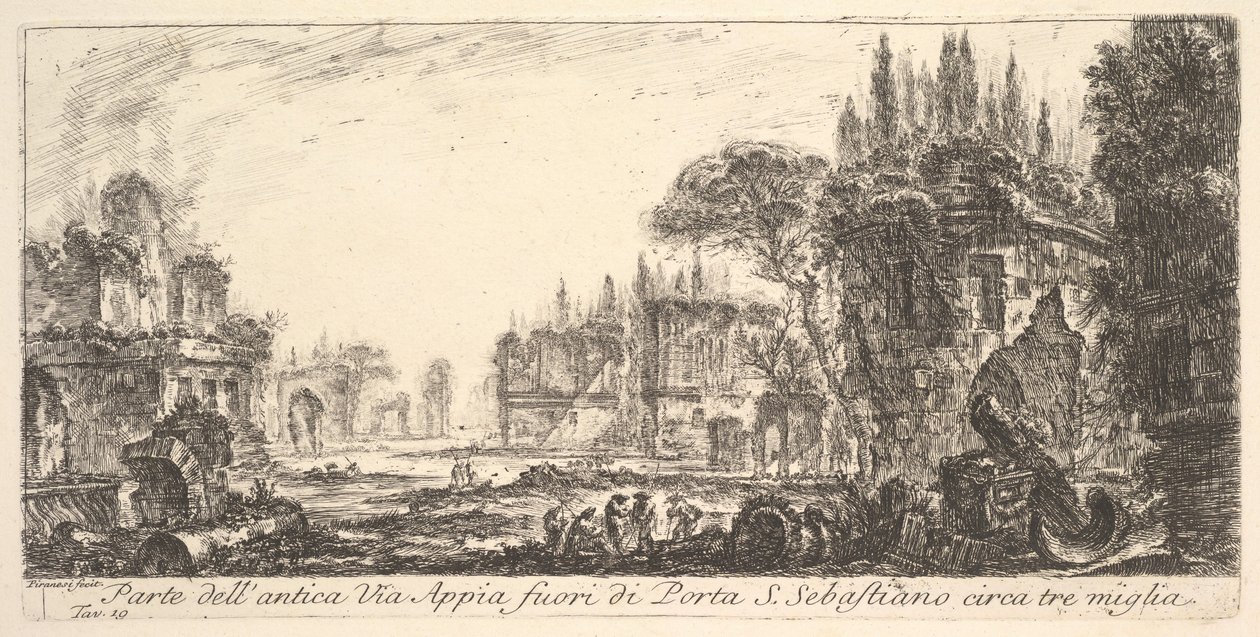 Levy 19: Osa muinaista Appian tietä noin kolme mailia Porta S. Sebastianon ulkopuolella..., n. 1748. tekijältä Giovanni Battista Piranesi