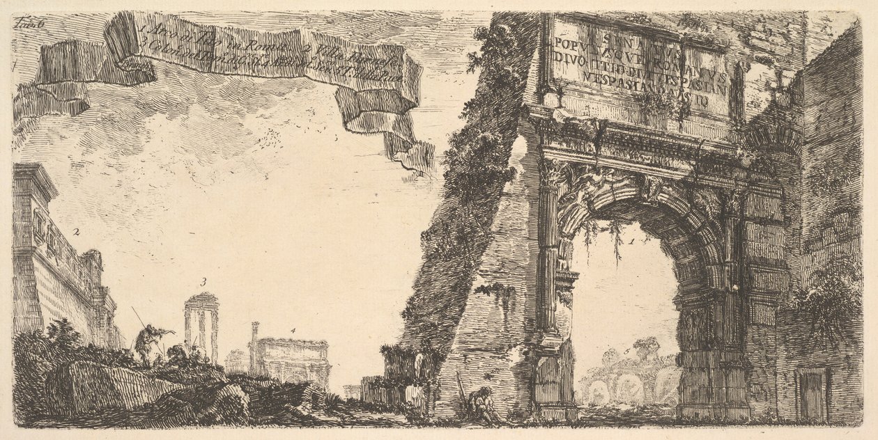 Levy 6: 1. Tituksen kaari. 2. Villa Farnese. 3. Jupiter Staton temppelin pylväät..., n. 1748. tekijältä Giovanni Battista Piranesi