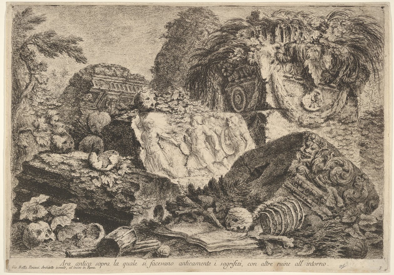 Levy 7: Muinainen alttari, jolla uhrattiin antiikin aikana, muiden..., 1743 ympäröimänä. tekijältä Giovanni Battista Piranesi