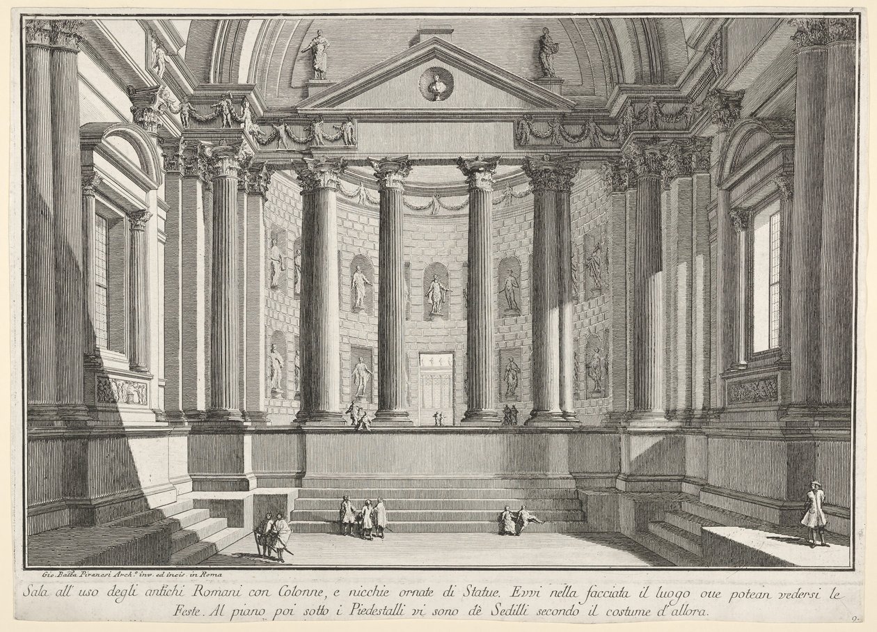 Levy 9: Pylväshalli muinaisten roomalaisten tavan mukaan ja rakot koristavat..., 1743. tekijältä Giovanni Battista Piranesi