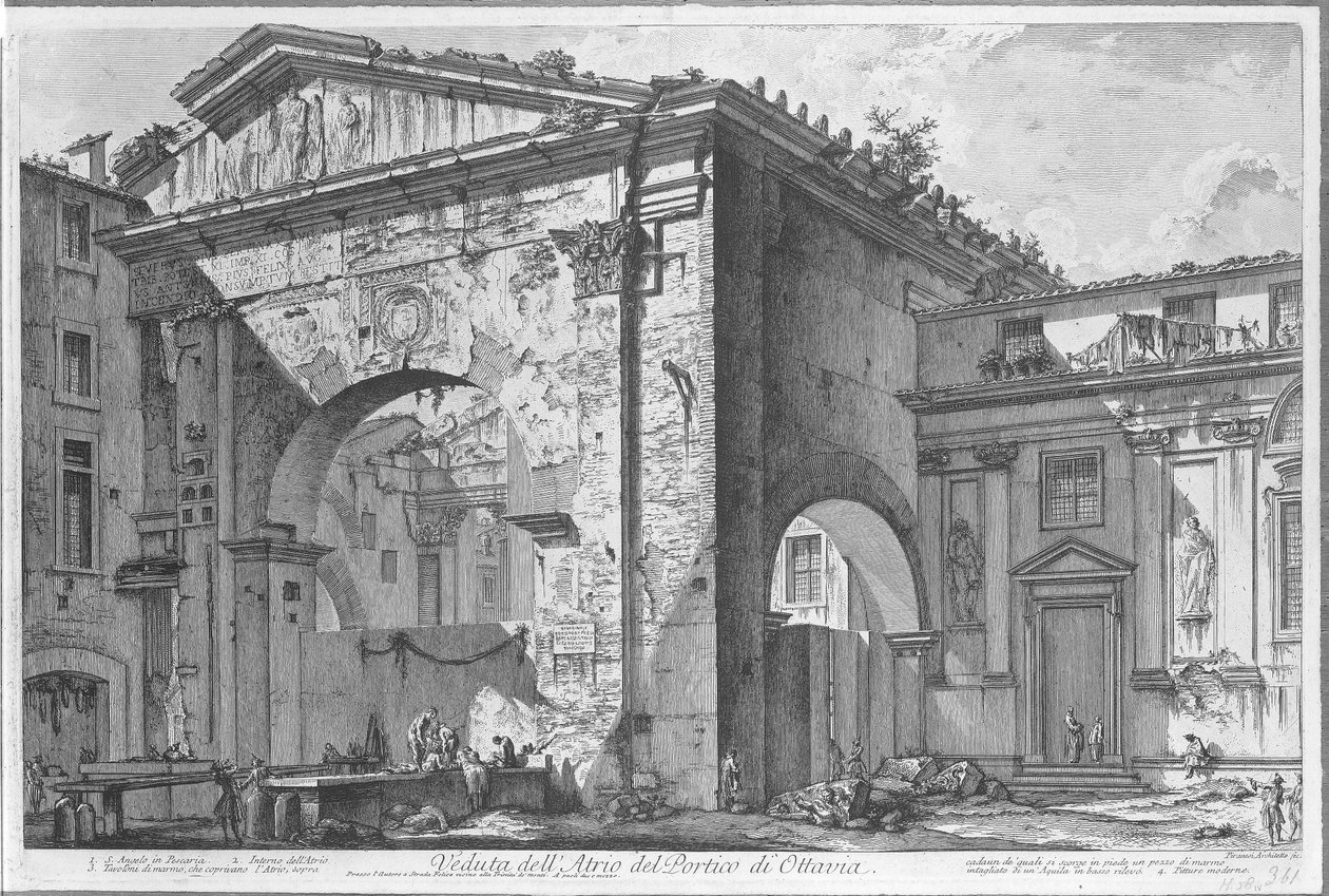 Porticus van Octavia Roomassa Näkymä Octavian portikon atriumista (otsikko esineessä) Gezichten op Rome (sarjan nimi) Näkymät Roomaan suunnitellut ja kaivertanut Giambattista Piranesi arkkitehti Ve (nez) iano (sarjan nimi) tekijältä Giovanni Battista Piranesi