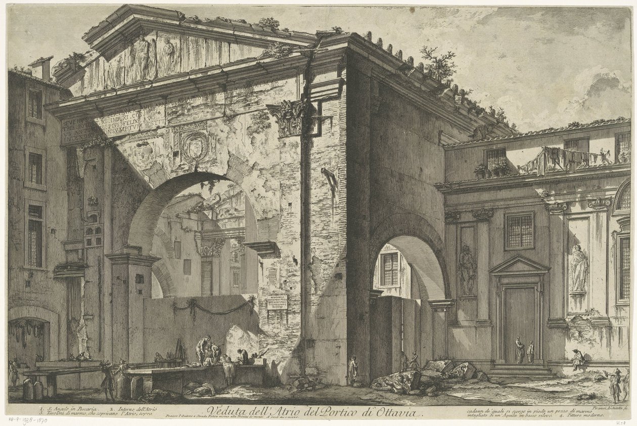 Porticus van Octavia Roomassa Näkymä Octavian portikon atriumista (otsikko esineessä) Gezichten op Rome (sarjan nimi) Näkymät Roomaan suunnitellut ja kaivertanut Giambattista Piranesi arkkitehti Ve (nez) iano (sarjan nimi) tekijältä Giovanni Battista Piranesi