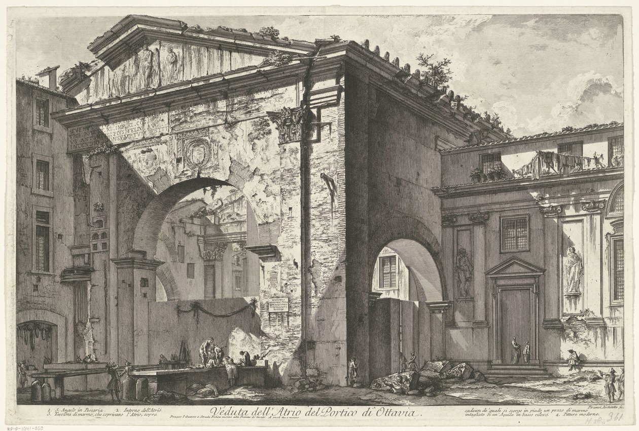 Porticus van Octavia Roomassa Näkymä Octavian portikon atriumista (otsikko esineessä) Gezichten op Rome (sarjan nimi) Rooman näkymät piirtänyt ja kaivertanut Giambattista Piranesi arkkitehti Ve(nez)iano (sarjan nimi) tekijältä Giovanni Battista Piranesi