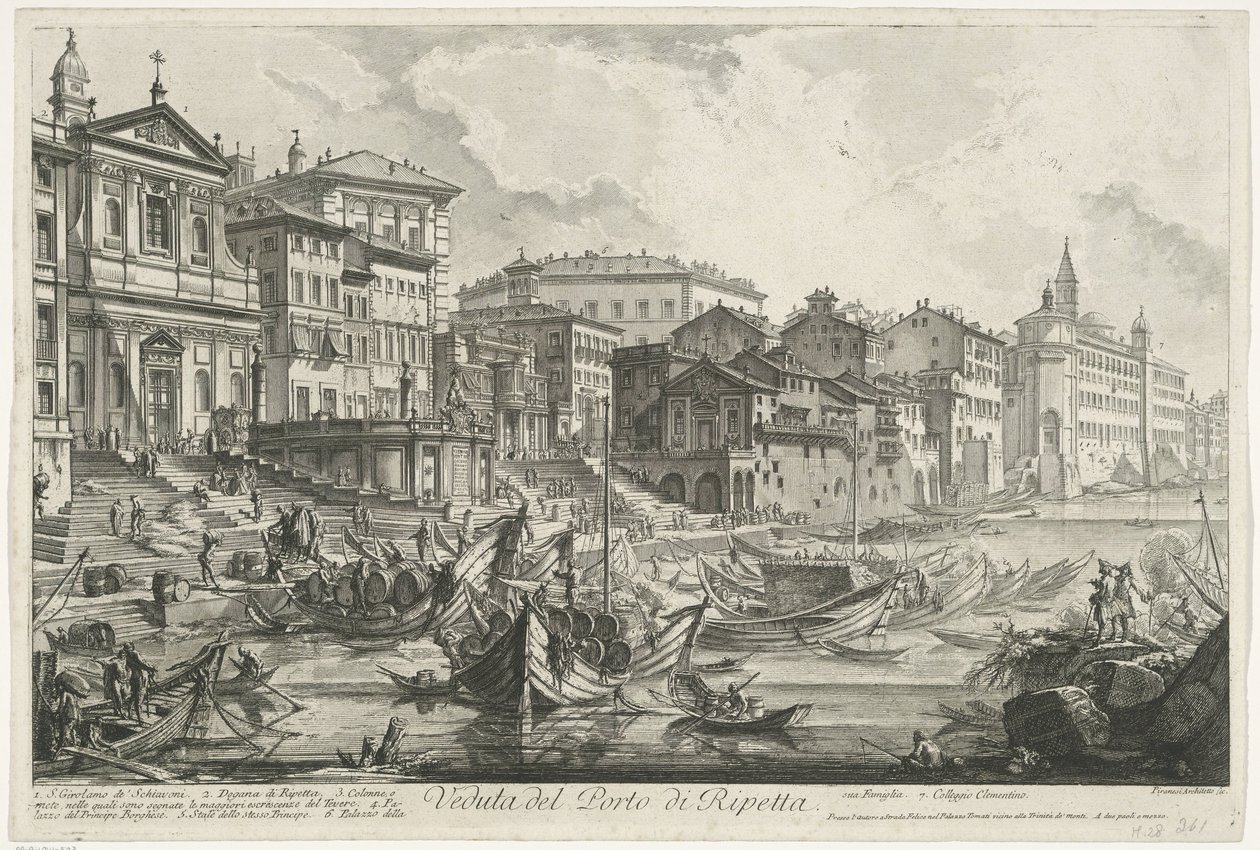 Ripetta te Rooman satama Näkymä Ripettan satamasta (otsikko esineessä) Gezichten op Rome (sarjan nimi) Näkymät Roomaan suunnitellut ja kaivertanut Giambattista Piranesi arkkitehti Ve (nez) iano (sarjan nimi) tekijältä Giovanni Battista Piranesi