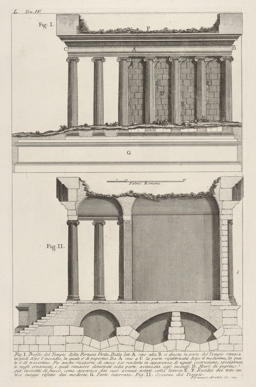 Fortuna Virilin temppelin profiili Fortuna Virilen temppelin profiili, ja se ..., 1756. tekijältä Giovanni Battista Piranesi