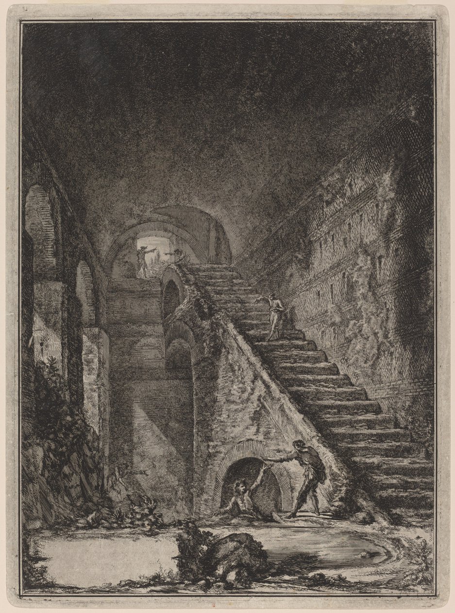 Näkökulma edellä mainittujen talojen vesihuollon portaikkoon, joka mainitaan suunnitelmassa letissä XIII. G. tekijältä Giovanni Battista Piranesi