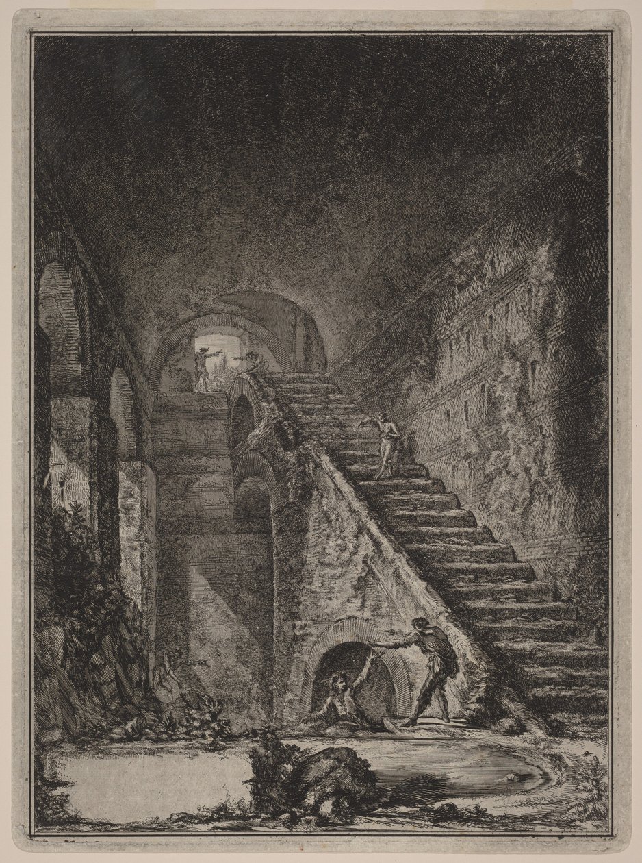 Perspektiivikuva edellä mainittujen majoitustilojen vesisäiliön portaikosta, joka on merkitty pohjapiirrokseen taulussa XIII kirjaimella G tekijältä Giovanni Battista Piranesi