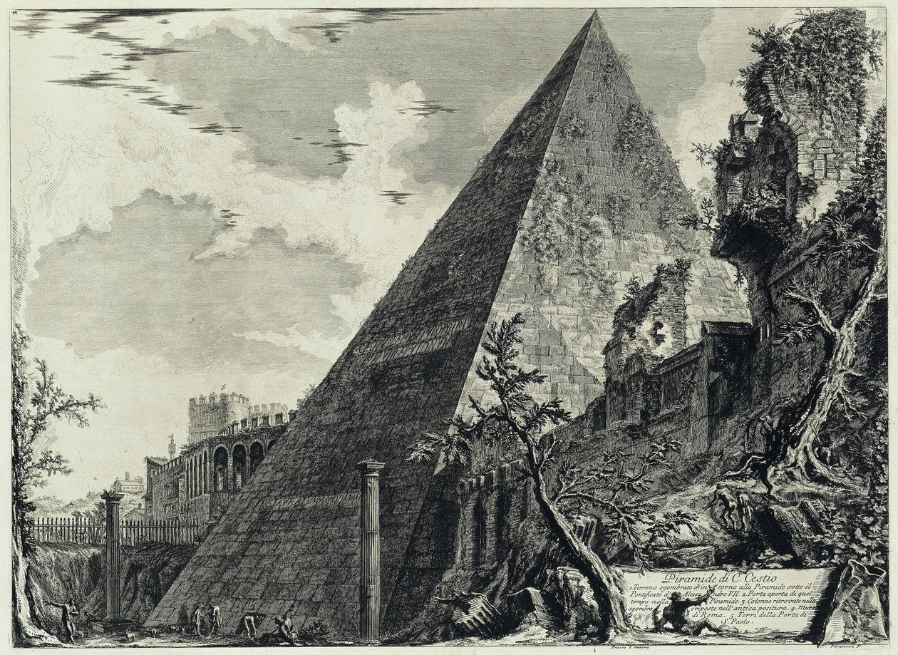 Gaius Cestiuksen pyramidi (teoksesta: Vedute di Roma) tekijältä Giovanni Battista Piranesi
