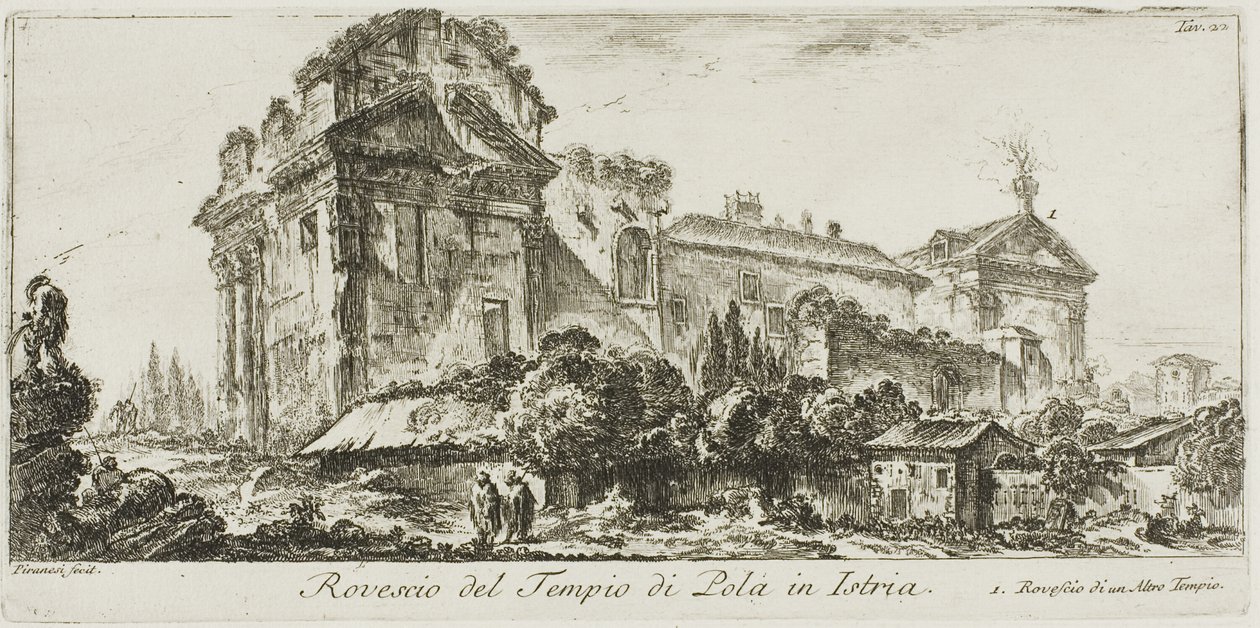 Takanäkymä Polan temppelistä Istriassa. 1. Takakuva toisesta temppelistä, levy 22 joistakin riemukaarien ja muiden monumenttien näkymistä tekijältä Giovanni Battista Piranesi