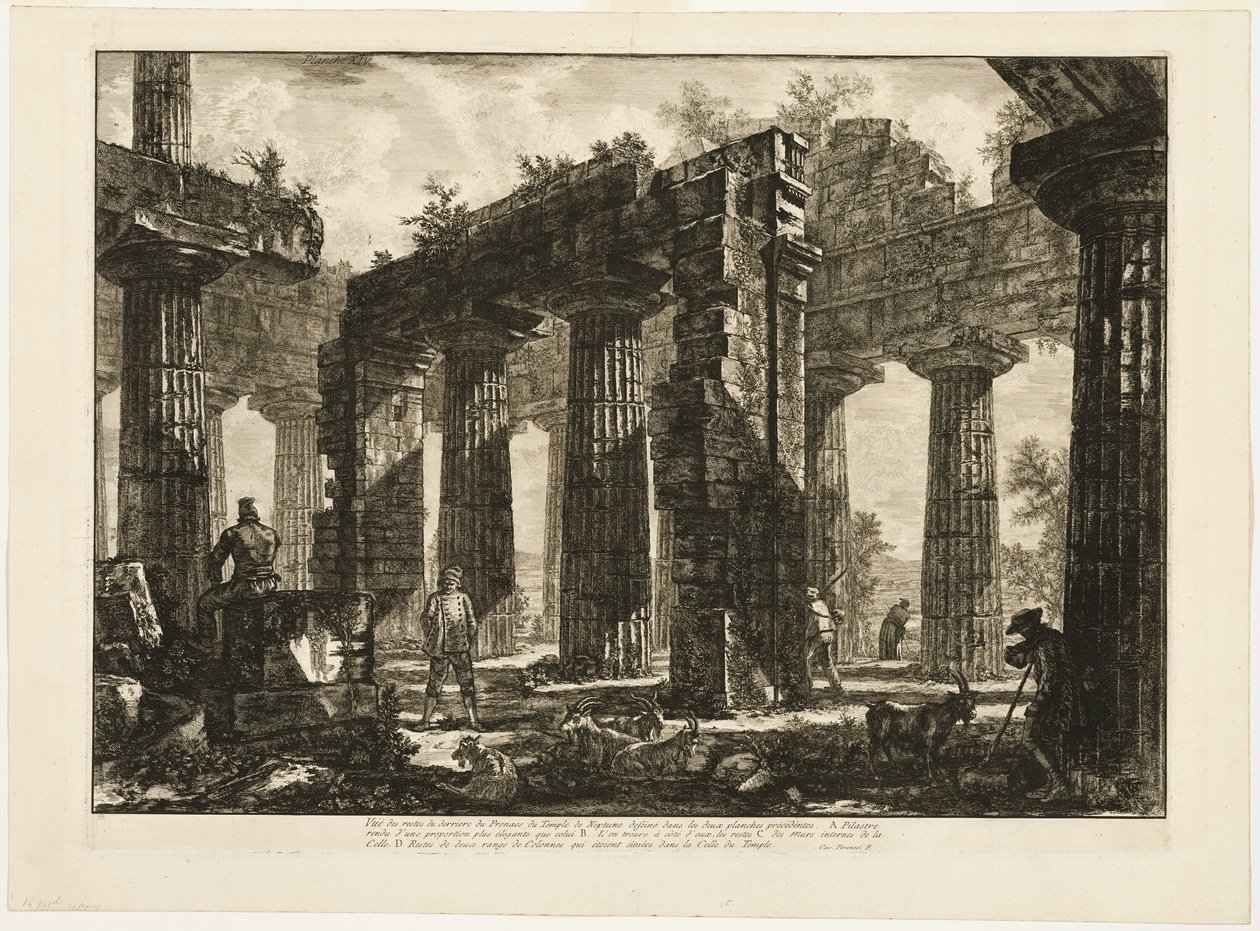 Näkymä takaapäin Neptunuksen temppelin pronaosten jäännöksistä, jotka on piirretty kahteen edelliseen levyyn, Paestumista erilaisista näkymistä tekijältä Giovanni Battista Piranesi