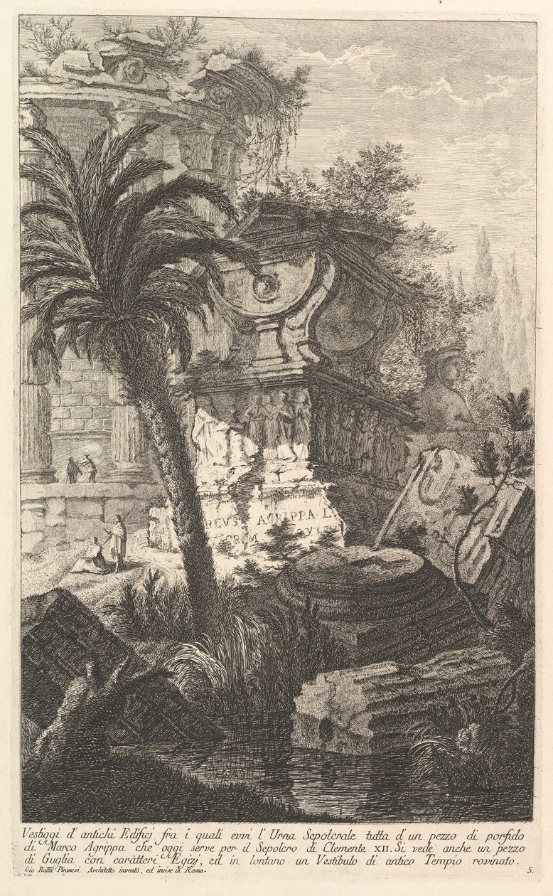 Muinaisten rakennusten jäänteet, joiden joukossa seisoo Marcus Agrippan hautaurna ma..., n. 1750. tekijältä Giovanni Battista Piranesi