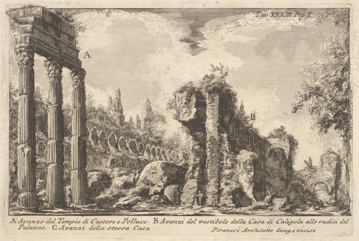 Castorin ja Polluxin temppelin jäänteet. . . Avanzo del Tempio di Castore e ..., 1700-luku. tekijältä Giovanni Battista Piranesi