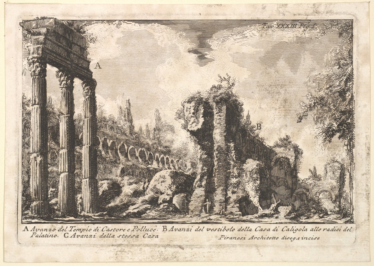 Castorin ja Polluxin temppelin jäänteet. . . Avanzo del Tempio di Castore e P..., 1700-luku. tekijältä Giovanni Battista Piranesi