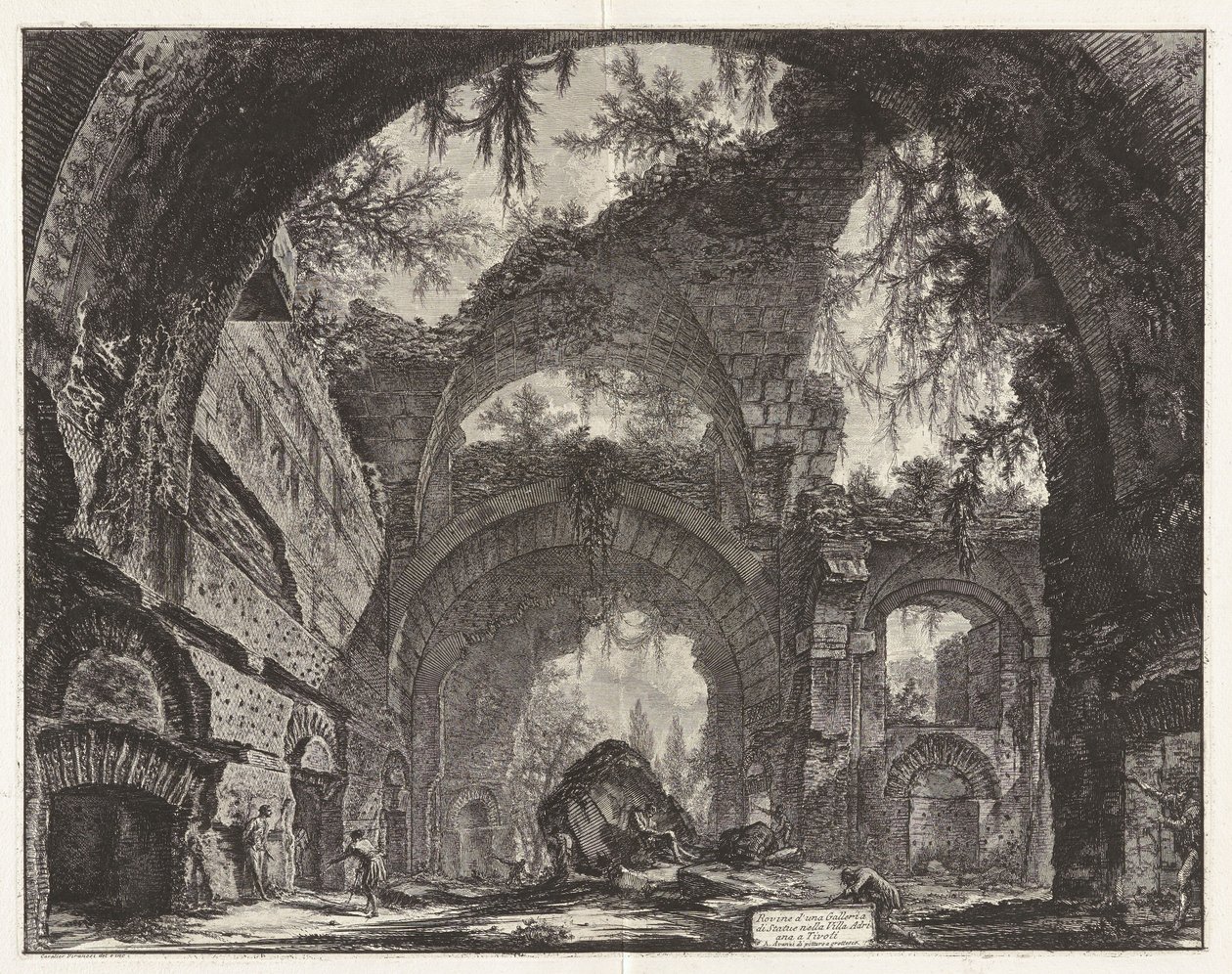 Veistosgallerian rauniot Hadrianuksen huvilassa Tivolissa (todellisuudessa suuret kylpylät), sarjasta "Näkymiä Roomasta" tekijältä Giovanni Battista Piranesi