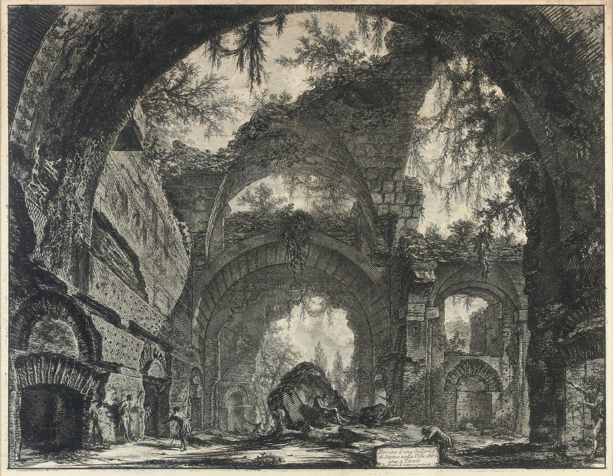 Patsasgallerian rauniot Hadrianuksen huvilassa Tivolissa tekijältä Giovanni Battista Piranesi