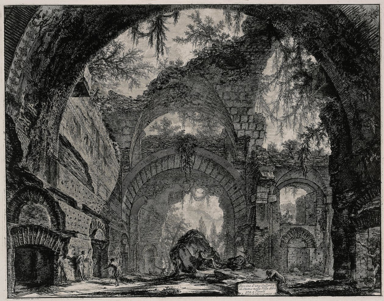 Patsasgallerian rauniot Hadrianuksen huvilassa Tivolin lähellä (teoksesta Vedute di Roma) tekijältä Giovanni Battista Piranesi