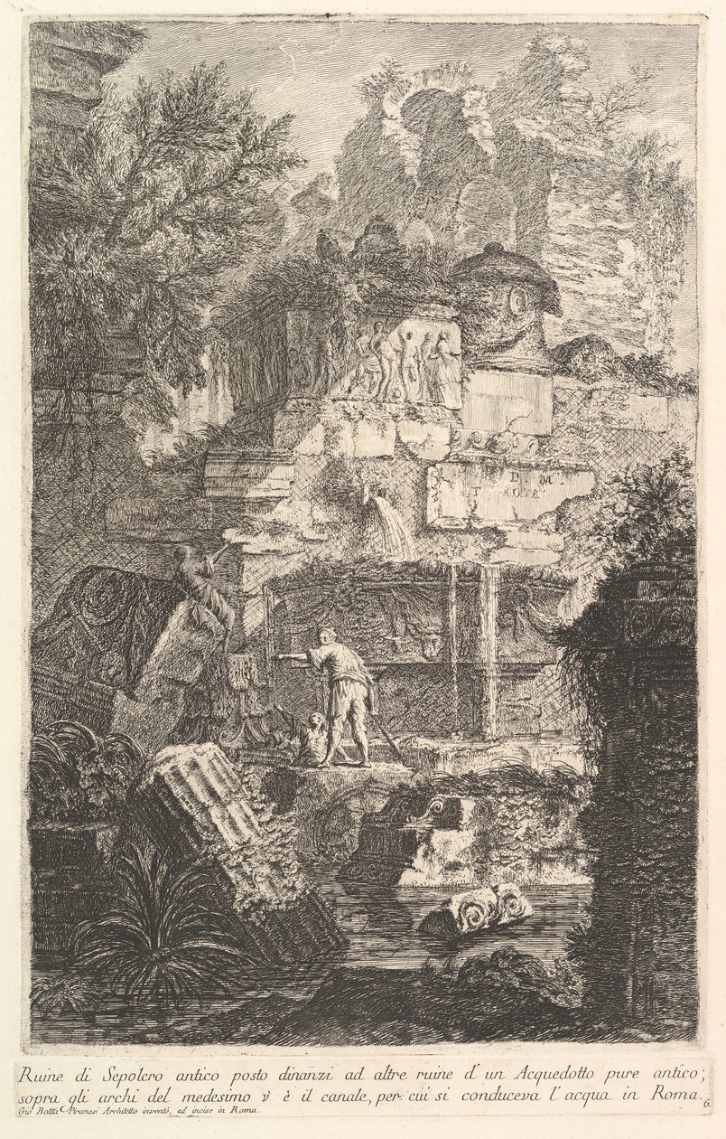 Muinaisen haudan rauniot muinaisen akveduktin raunioiden edessä Ruine di Sepolcro a..., ca. 1750. tekijältä Giovanni Battista Piranesi