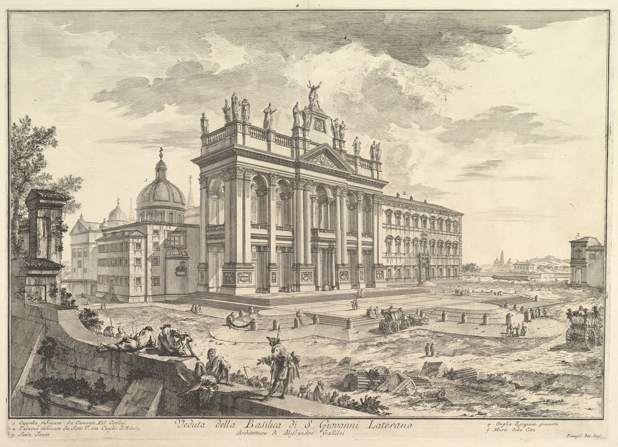 San Giovanni in Laterano, pääjulkisivu sekä palatsi ja Scala Santa oikealla, teoksesta "Vedute di Roma" tekijältä Giovanni Battista Piranesi