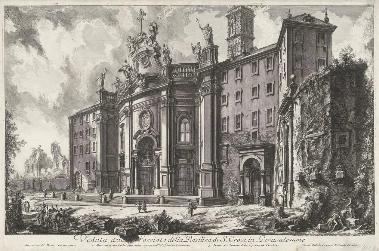 Santa Croce Gerusalemme te Roomassa Näkymä Gerusalemmessa sijaitsevan S. Crocen basilikan julkisivulle (otsikko esineessä) Gezichten op Rome (sarjan nimi) Näkymät Roomaan suunnitellut ja kaivertanut Giambattista Piranesi arkkitehti Ve (nez) iano (sarjan ni tekijältä Giovanni Battista Piranesi