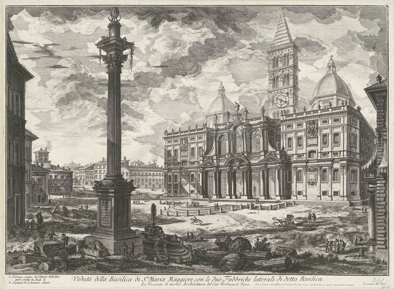 Santa Maria Maggiore Roomassa Näkymä Santa Maria Maggioren basilikasta ja mainitun basilikan kaksi sivutehdasta (otsikko esineessä) Gezichten op Rome (sarjan nimi) Näkymät Roomaan suunnitellut ja kaivertanut Giambattista Piranesi arkkitehti Ve (nez) ia tekijältä Giovanni Battista Piranesi
