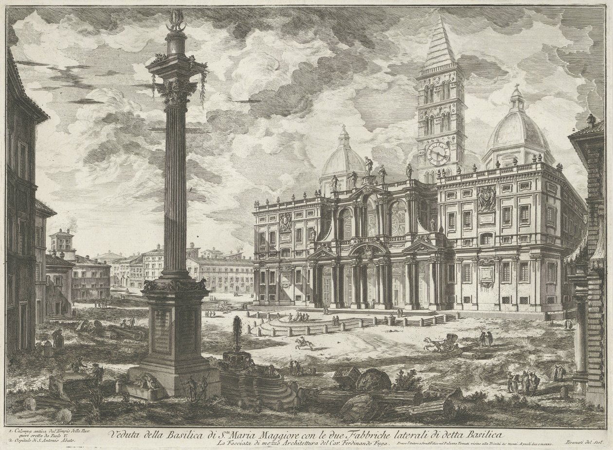Santa Maria Maggiore Roomassa Näkymä Santa Maria Maggioren basilikasta ja mainitun basilikan kaksi sivutehdasta (otsikko esineessä) Gezichten op Rome (sarjan nimi) Näkymät Roomaan suunnitellut ja kaivertanut Giambattista Piranesi arkkitehti Ve (nez) ia tekijältä Giovanni Battista Piranesi