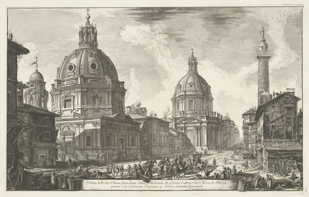 Santa Maria di Loreto en de Santissimo Nome di Maria te Rome Näkymä kahdesta kirkosta (...) (otsikko esineessä) Gezichten op Rome (sarjan nimi) Näkymät Roomaan suunnitellut ja kaivertanut Giambattista Piranesi arkkitehti Ve (nez) iano (sarjan nimi) tekijältä Giovanni Battista Piranesi