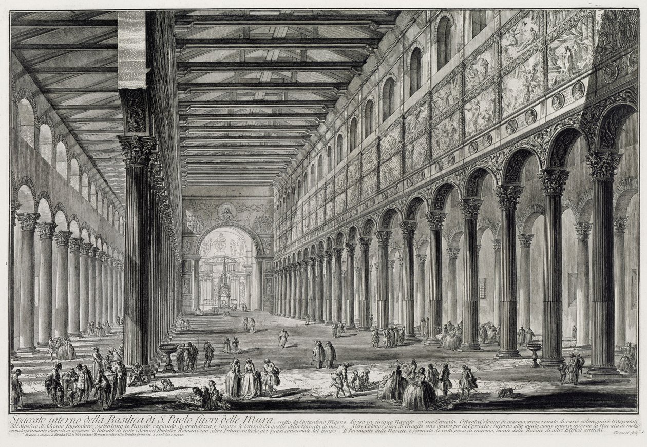 Leikkaus Basilica San Paolo fuori le Muran sisätiloista (teoksesta Vedute di Roma) tekijältä Giovanni Battista Piranesi