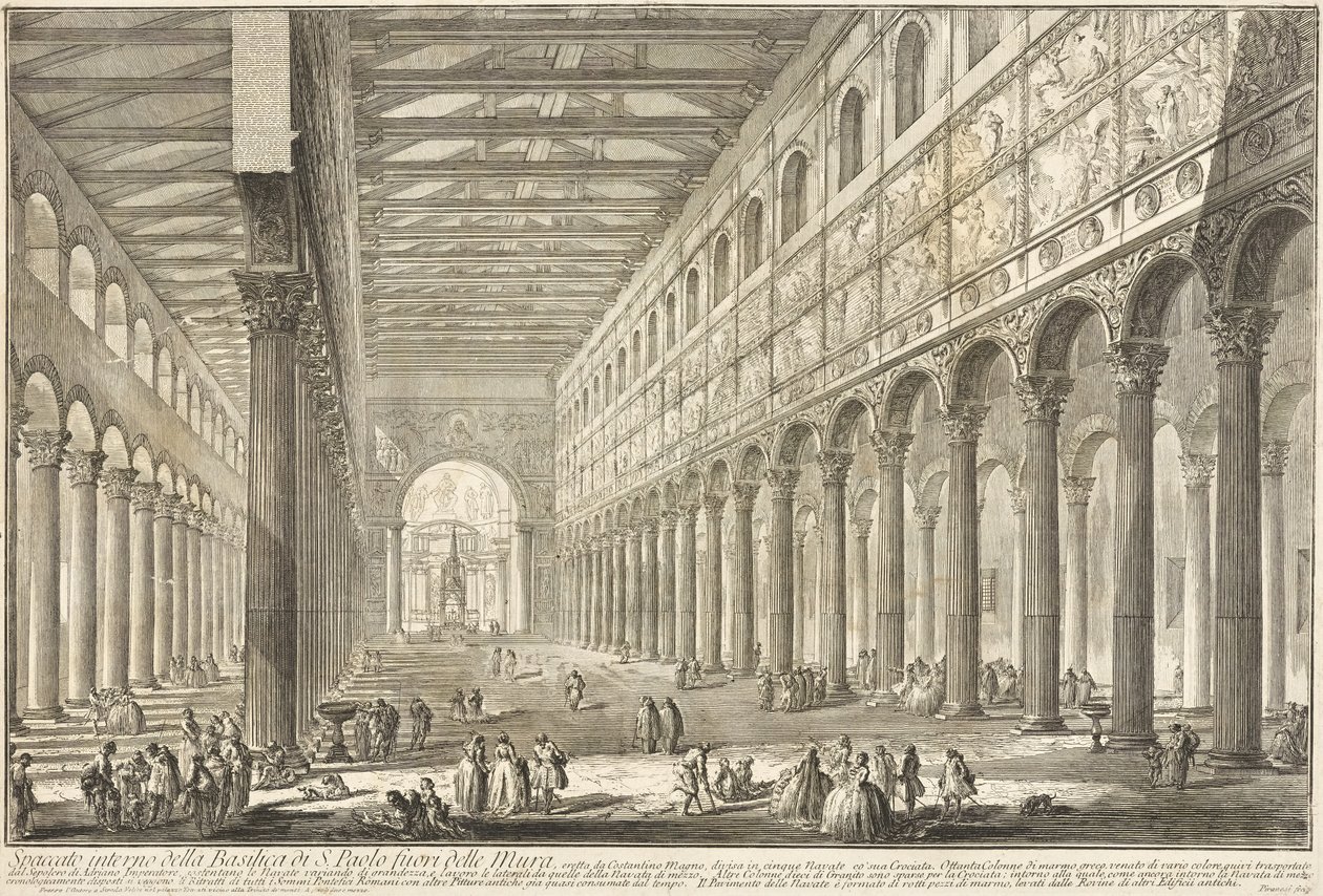 Poikkileikkaus muurien ulkopuolella sijaitsevan Pyhän Paavalin basilikan sisätiloista tekijältä Giovanni Battista Piranesi