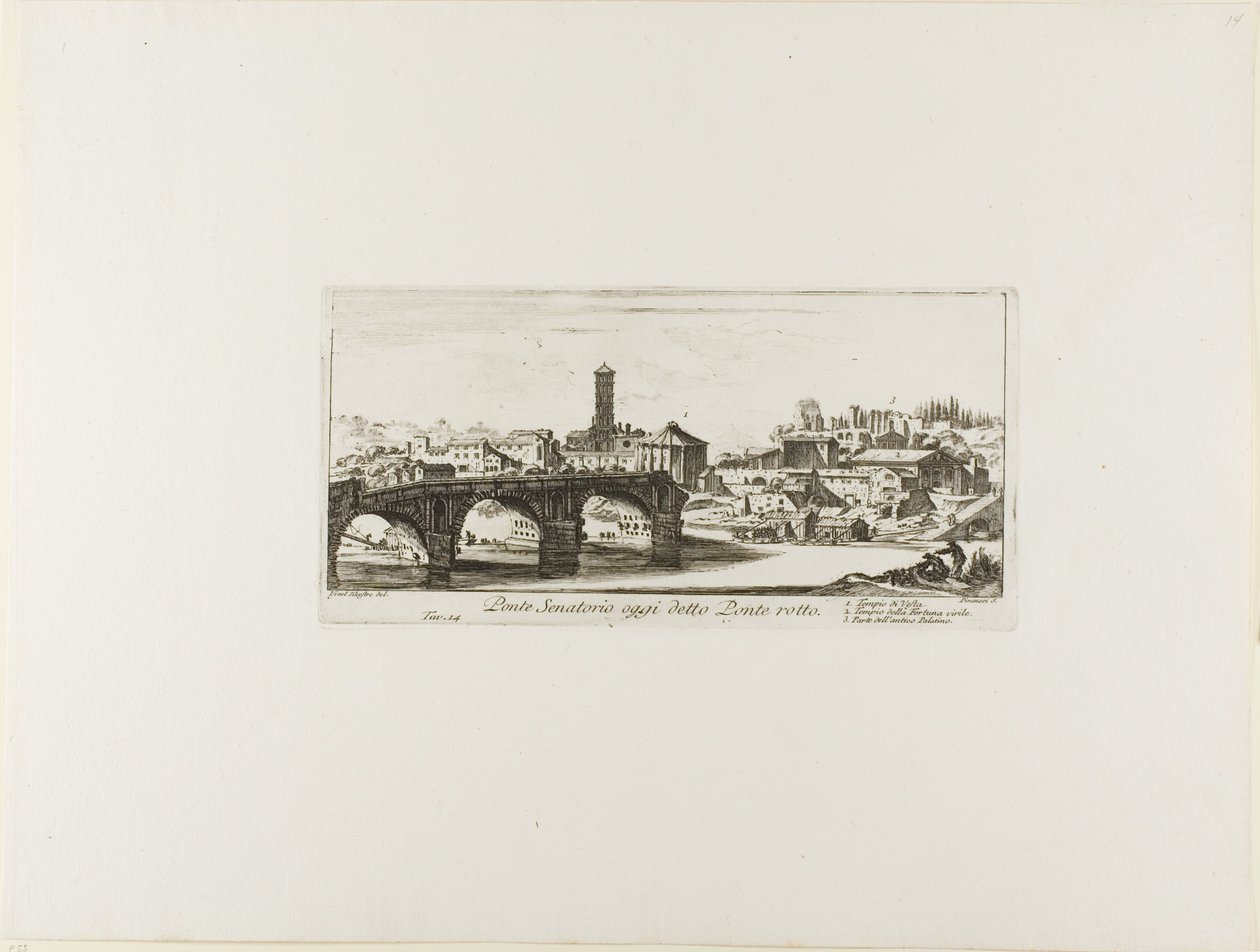Senaattorin silta, nykyään Ponte Rotto [Rikkinäinen silta]. 1. Vestan temppeli. 2. Fortuna Virilisin temppeli. 3. Osa muinaisesta Palatinesta, levy 14 teoksesta Some Views of Triumphal Arches and other Monuments (Joitakin näkymiä riemukaarista ja muista mu tekijältä Giovanni Battista Piranesi