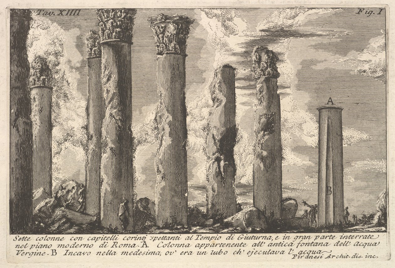 Juturnan temppelin seitsemän pylvästä korinttilaisilla pääkirjoilla. . . Sette kaksoispiste..., 1700-luku. tekijältä Giovanni Battista Piranesi