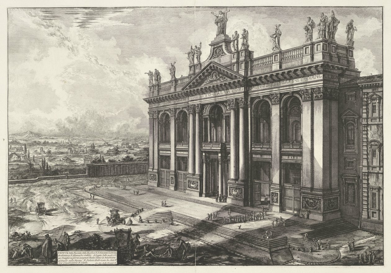 Sint-Jan van Lateranen Roomassa Näkymä S. Giovanni Lateranon basilikan julkisivulle (...) (otsikko esineessä) Gezichten op Rome (sarjan nimi) Näkymät Roomaan suunnitellut ja kaivertanut Giambattista Piranesi arkkitehti Ve (nez) iano (sarjan nimi) tekijältä Giovanni Battista Piranesi