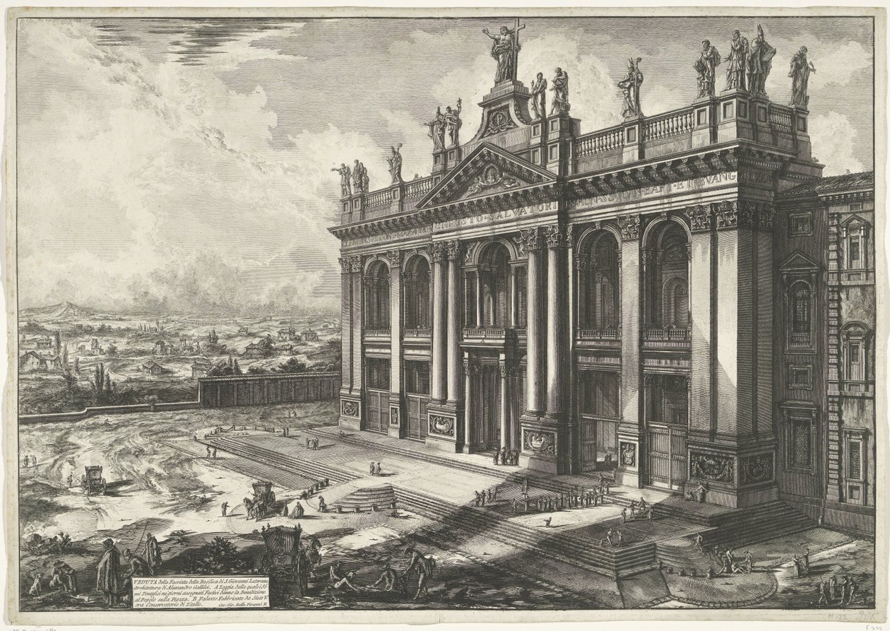 Sint-Jan van Lateranen Roomassa Näkymä Lateranin Pyhän Johanneksen basilikan julkisivulle (...) (otsikko esineessä) Gezichten op Rome (sarjan nimi) Näkymät Roomaan suunnitellut ja kaivertanut Giambattista Piranesi arkkitehti Ve (nez) iano (sarjan nimi) tekijältä Giovanni Battista Piranesi