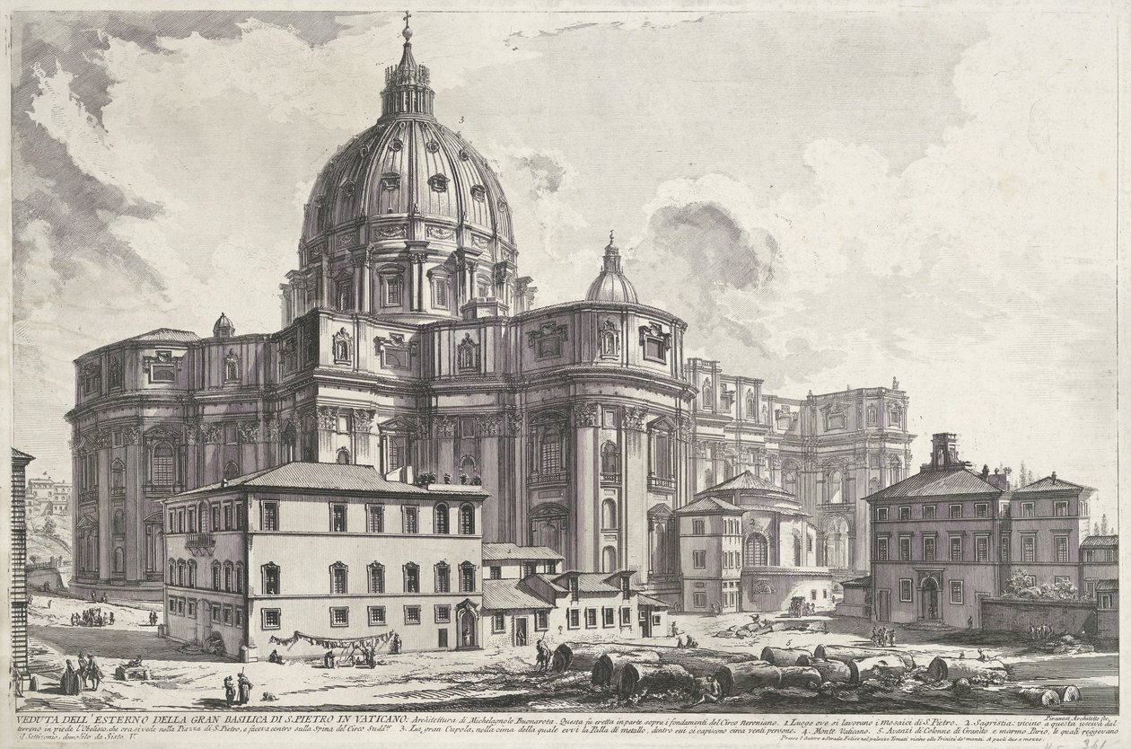 Sint-Pietersbasiliek vanaf Sakristian aukio Näkymä Vatikaanin suuren Pietarinkirkon ulkopuolelta (otsikko esineessä) Gezichten op Rome (sarjan nimi) Näkymät Roomaan suunnitellut ja kaivertanut Giambattista Piranesi arkkitehti Ve (nez) iano (ser) tekijältä Giovanni Battista Piranesi