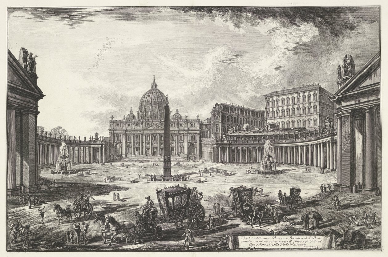 Sint-Pietersplein ja Sint-Pietersbasiliek te Vaticaanstad Näkymä suurelle aukiolle ja Pietarinkirkolle (...) (otsikko esineessä) Gezichten op Rome (sarjan nimi) Näkymät Roomaan suunnitellut ja kaivertanut Giambattista Piranesi arkkitehti Ve (nez) iano (s) tekijältä Giovanni Battista Piranesi