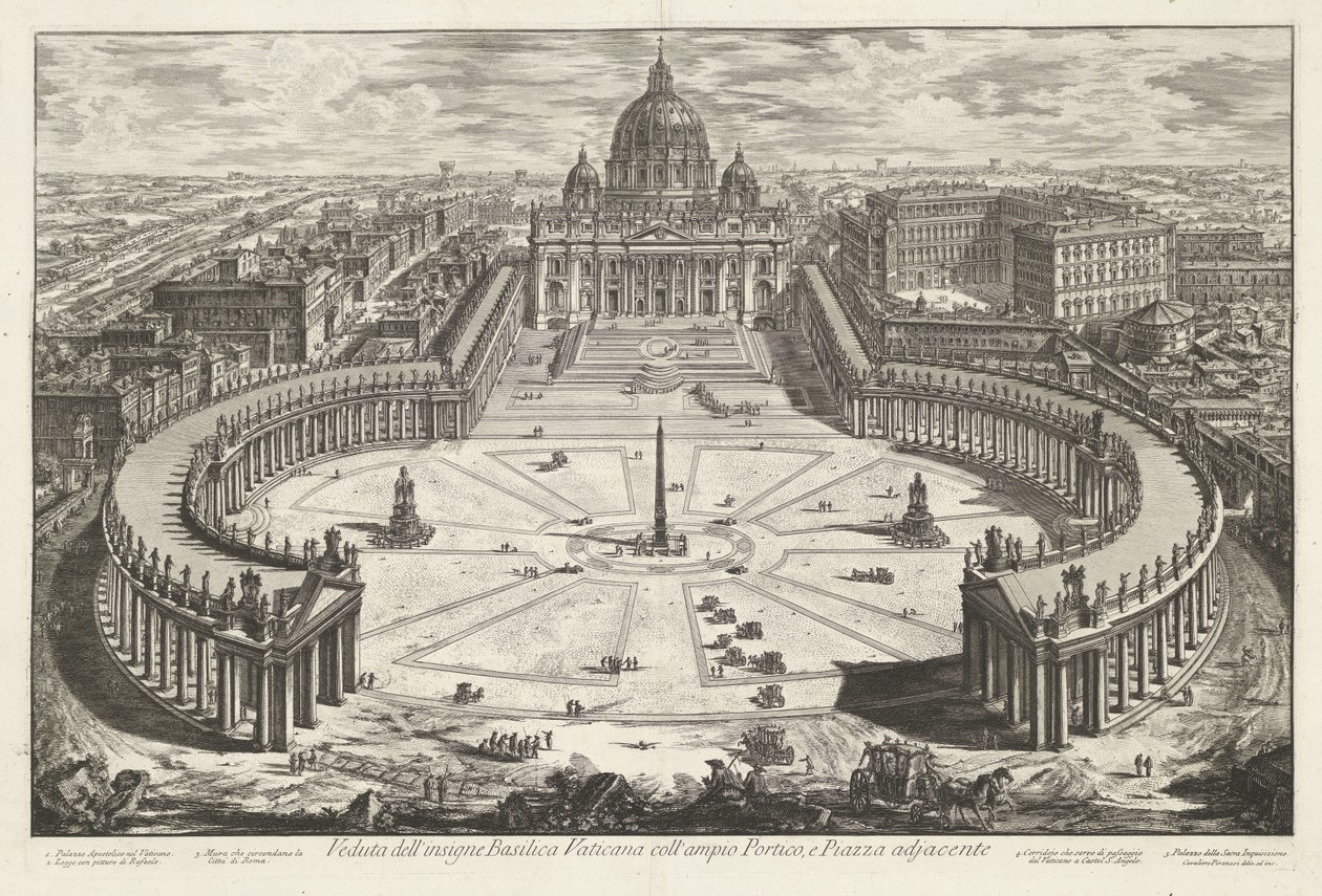 Sint-Pietersplein ja Sint-Pietersbasiliek te Vaticaanstad Näkymä kuuluisalle Vatikaanin basilikalle, jossa on suuri Portico, ja viereiselle Piazzalle (otsikko esineessä) Gezichten op Rome (sarjan nimi) Näkymät Roomaan Giambattista Piranesin kaaren suunnitt tekijältä Giovanni Battista Piranesi
