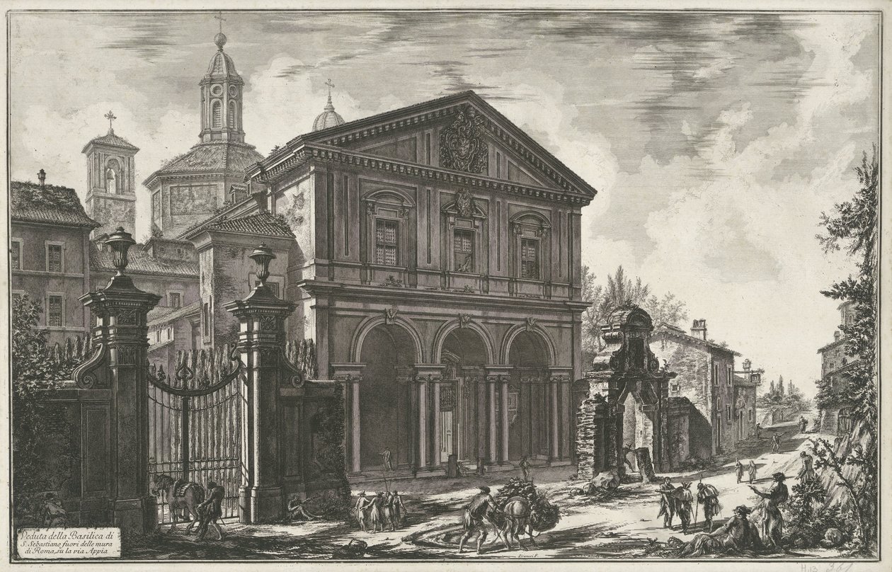 Sint-Sebastiaan buiten de Muren te Rooma Näkymä S. Sebastianon basilikalle Rooman muurien ulkopuolella, Via Appia -kadulla (otsikko esineessä) Gezichten op Rome (sarjan nimi) Näkymät Roomaan suunnitellut ja kaivertanut Giambattista Piranesi arkkitehti Ve ( tekijältä Giovanni Battista Piranesi