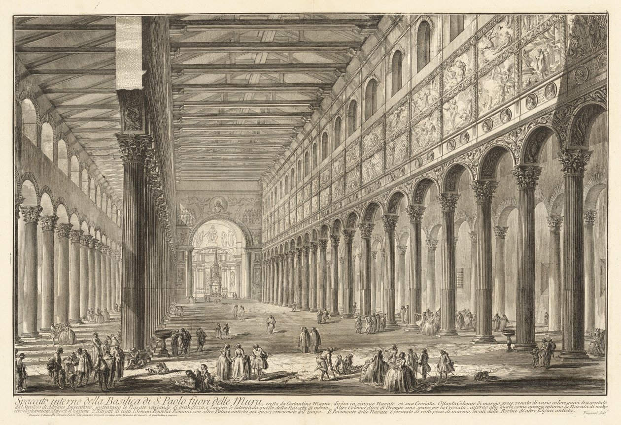 Poikkileikkaus Pyhän Paavalin muurien ulkopuolella sijaitsevan basilikan sisätiloista tekijältä Giovanni Battista Piranesi