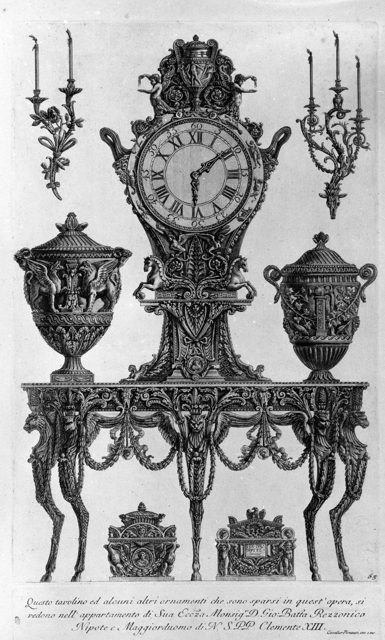 Pöytä ja koristeet piispa Batta Rezzonicolle, Klemens XIII:n veljenpojalle ja hovimestarille. Giovanni Piranesi (tunnetaan nimellä Piranese) piirustus (1720-1778). tekijältä Giovanni Battista Piranesi