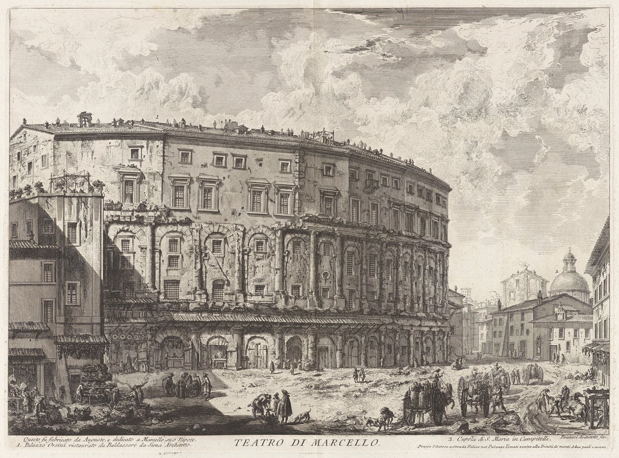 Marcellus-teatteri. Tämän rakennuksen rakensi Augustus ja omisti sen veljenpojalleen Marcellukselle, Vedute di Romasta (näkymät Roomaan) tekijältä Giovanni Battista Piranesi