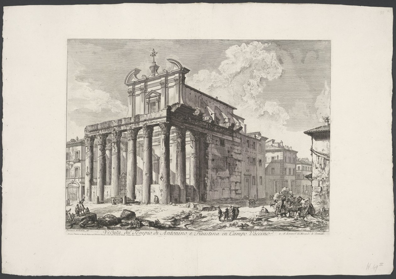Tempel van Antoninus ja Faustina te Rome Näkymä Antoninuksen ja Faustinan temppelistä Campo Vaccinossa (otsikko esineessä) Gezichten op Rome (sarjan nimi) Näkymät Roomaan suunnitellut ja kaivertanut Giambattista Piranesi arkkitehti Ve (nez) iano (sarjan ni tekijältä Giovanni Battista Piranesi